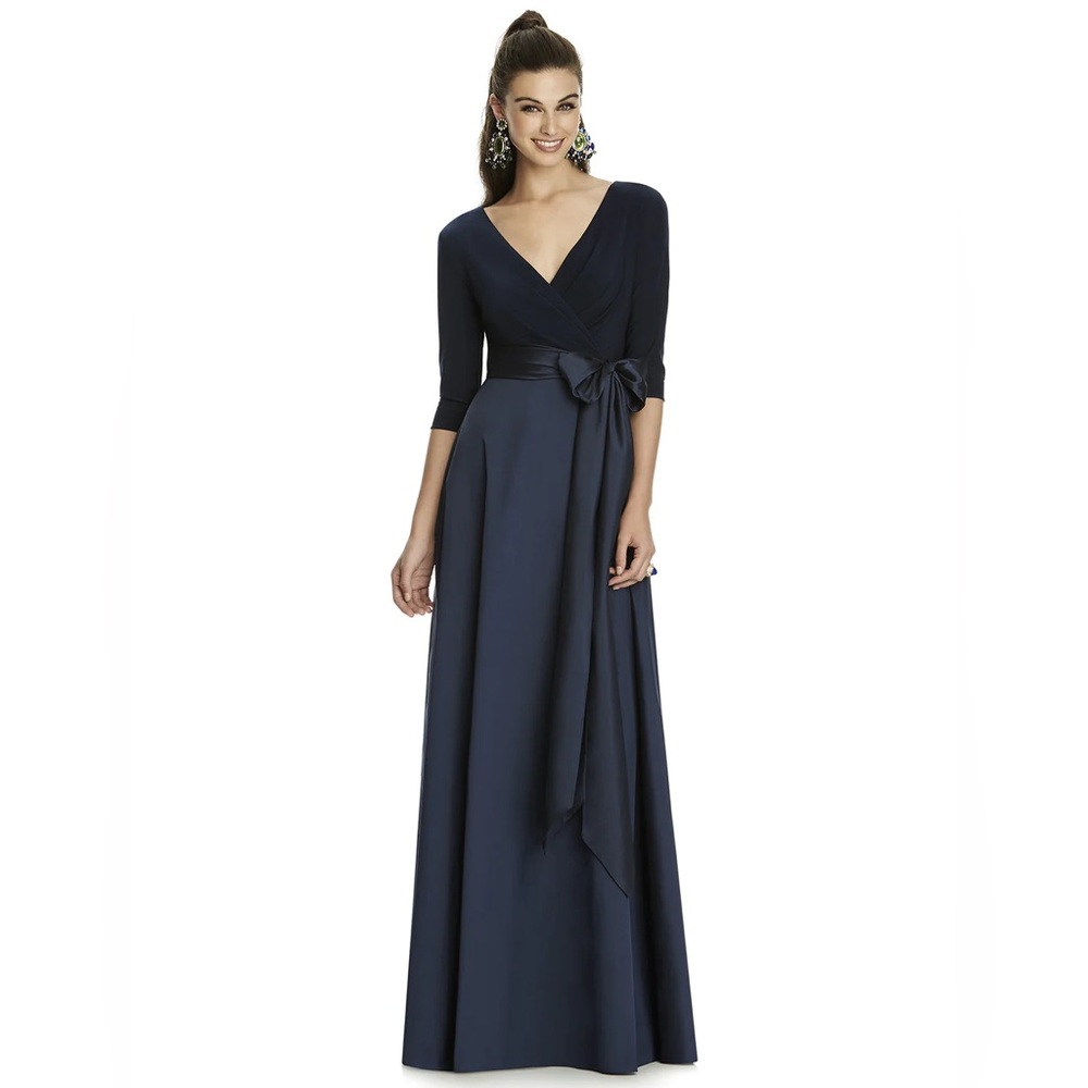 ALFRED SUNG Navy Wrap Maxi Dress with Satin Sash